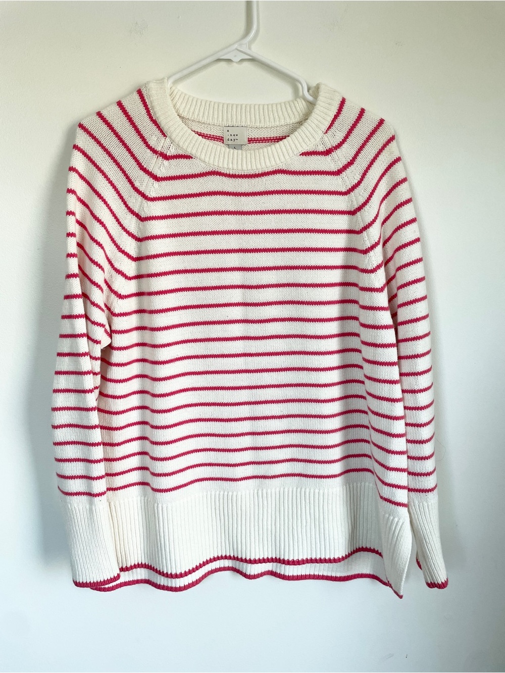 a new day White and Red Striped Crewneck Sweater